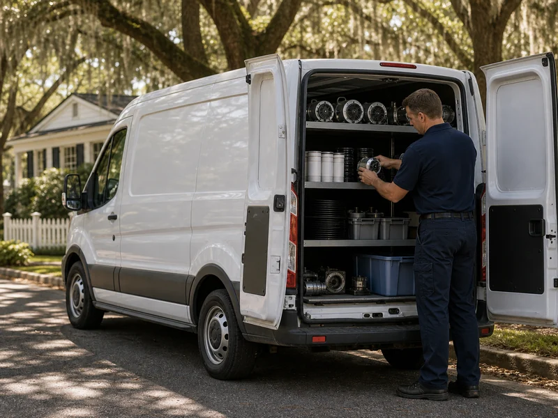 The Mandarin Sub-Zero Repair service van parked under oak canopy on a Mandarin residential street