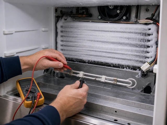 Technician testing the defrost heater behind the evaporator cover of a Sub-Zero freezer in a Mandarin garage