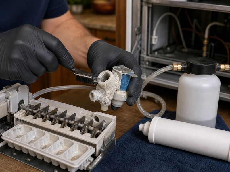 Technician descaling the water inlet valve and ice maker on a Sub-Zero 650 in a Mandarin kitchen