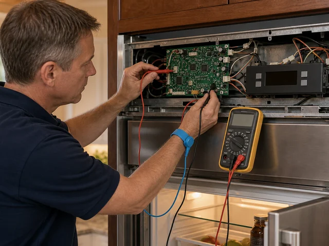 Technician servicing the dual-refrigeration control board of a Sub-Zero PRO 48 built-in in a Mandarin riverfront kitchen